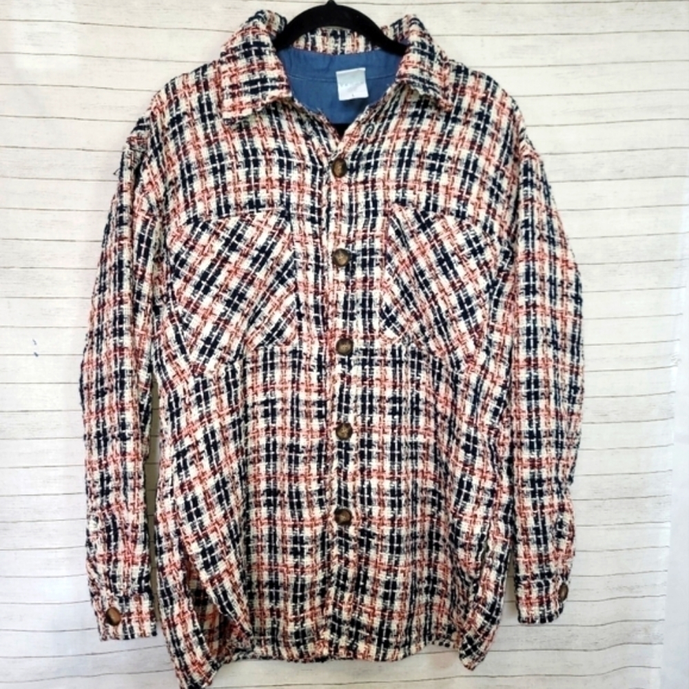 NAGRI RED, WHITE & BLUE TEXTURED PLAID SHIRT JACKET, SZ LARGE